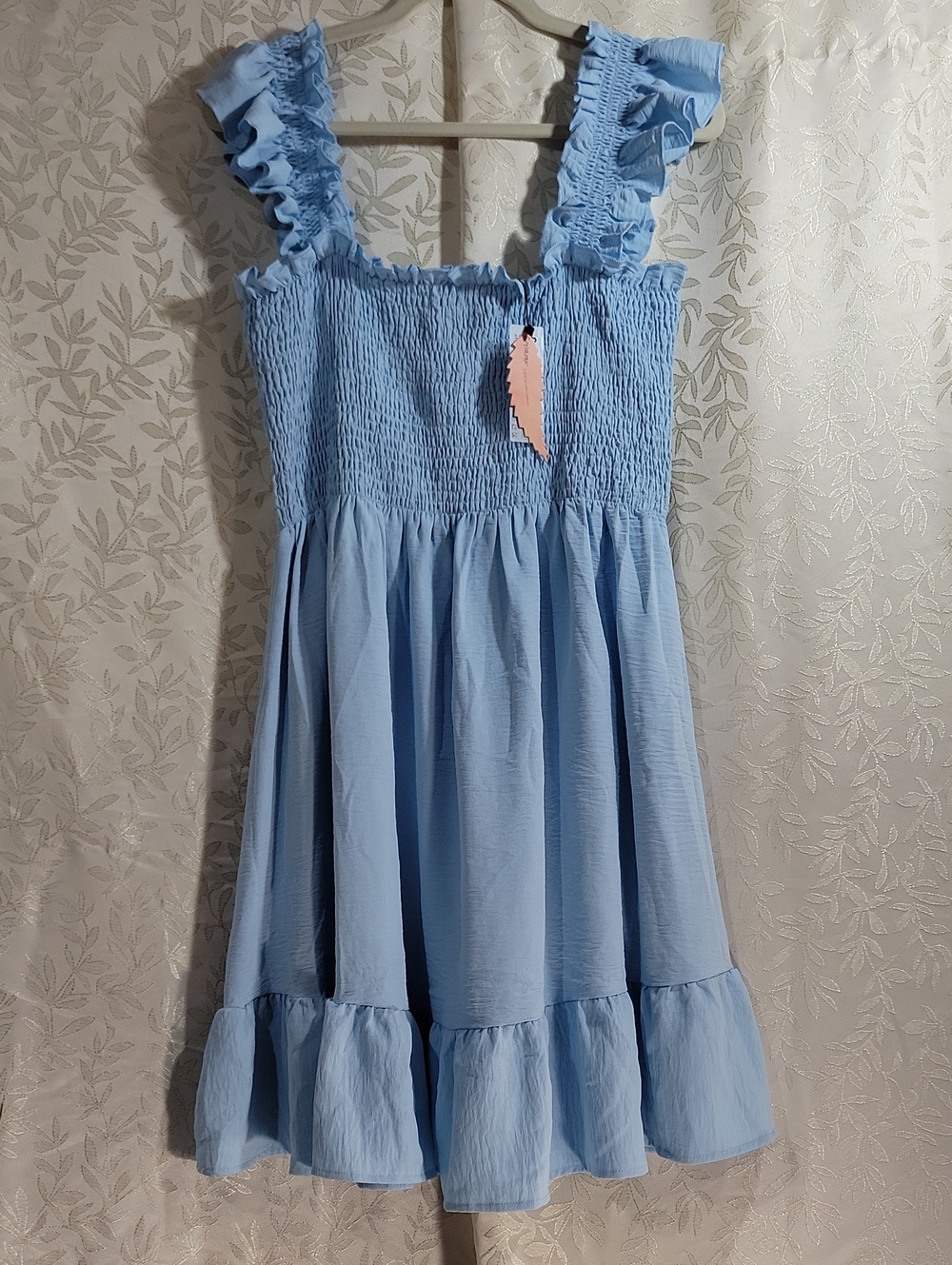 Smocked Light Blue Midi Dress with Ruffle Straps